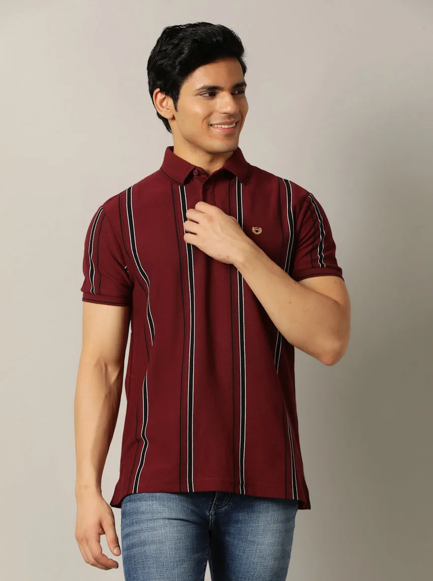 Wine Striped Slim Fit Polo T-Shirt | JadeBlue