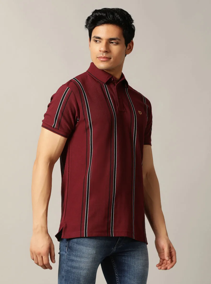 Wine Striped Slim Fit Polo T-Shirt | JadeBlue