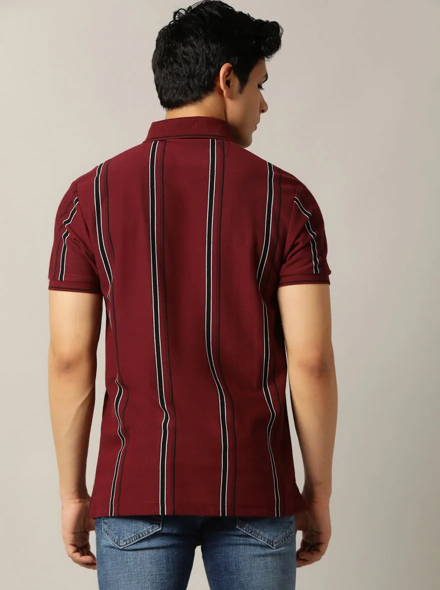 Wine Striped Slim Fit Polo T-Shirt | JadeBlue