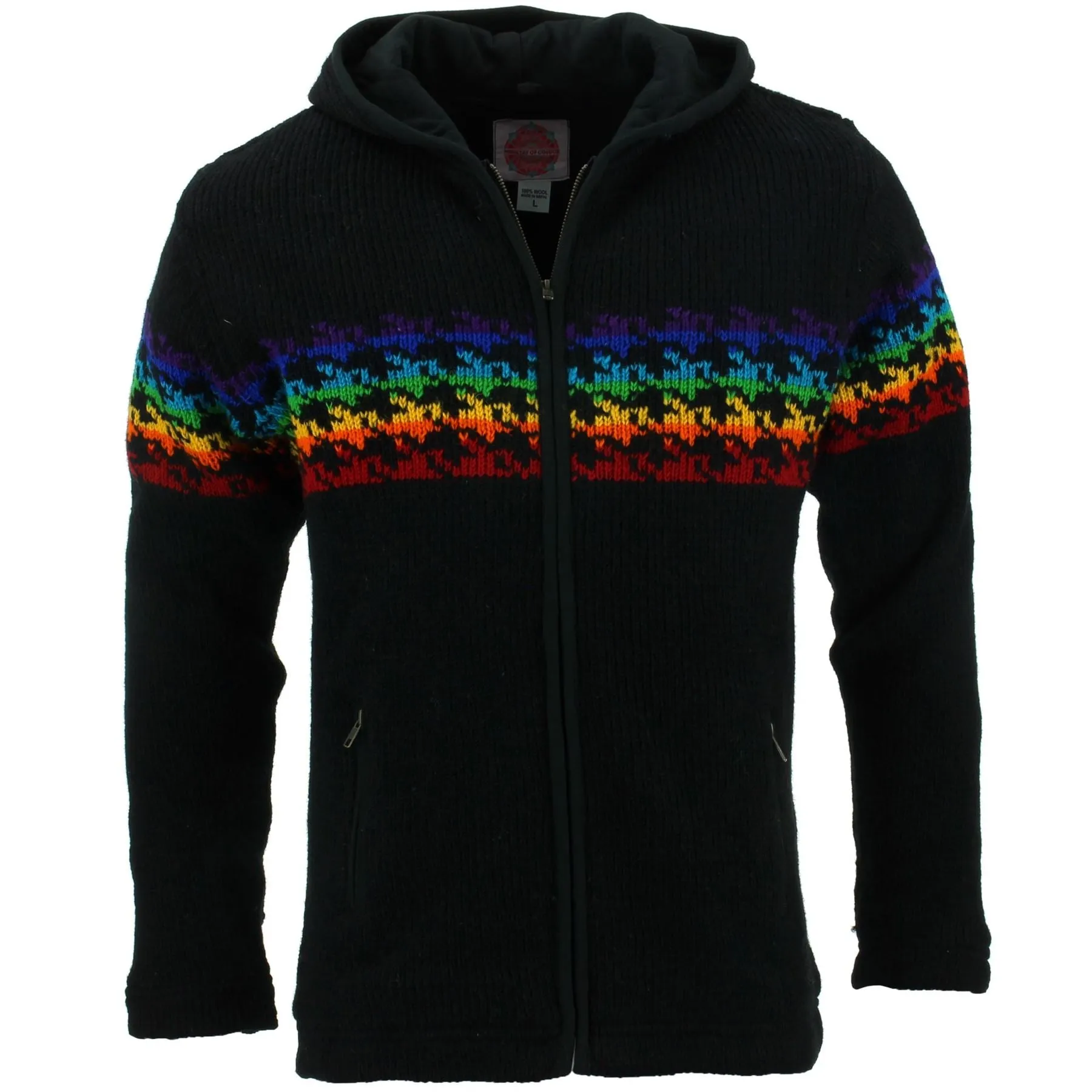 Wool Knit Hooded Cardigan Jacket - Black Rainbow Houndstooth